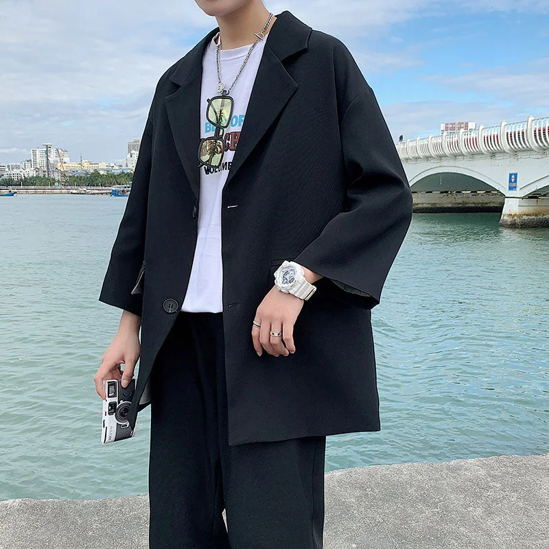 Woherb 2021 Fashion Men's Suit Three-quarter Sleeves Jacket Ankle-length Pant Black Khaki Baggy Casual Streetwear Summer Clothing Sets