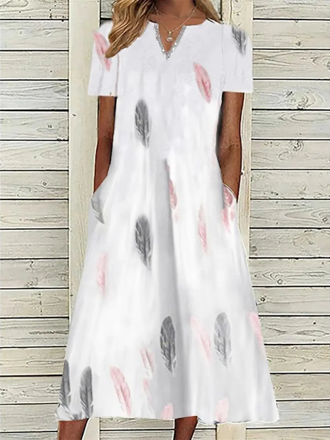 Women's White Pink Gray V-Neck Short Sleeve Graphic Maxi Dress