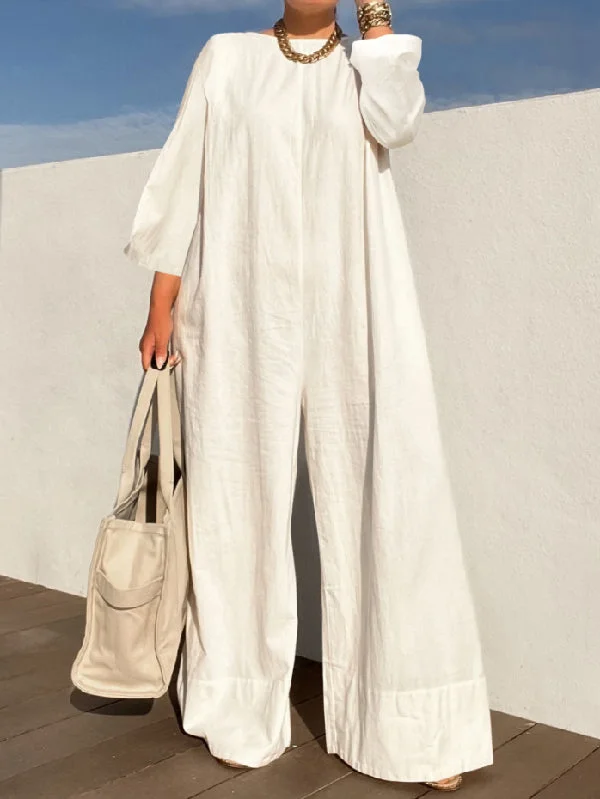 Long Sleeves Loose Solid Color Linen Jumpsuits