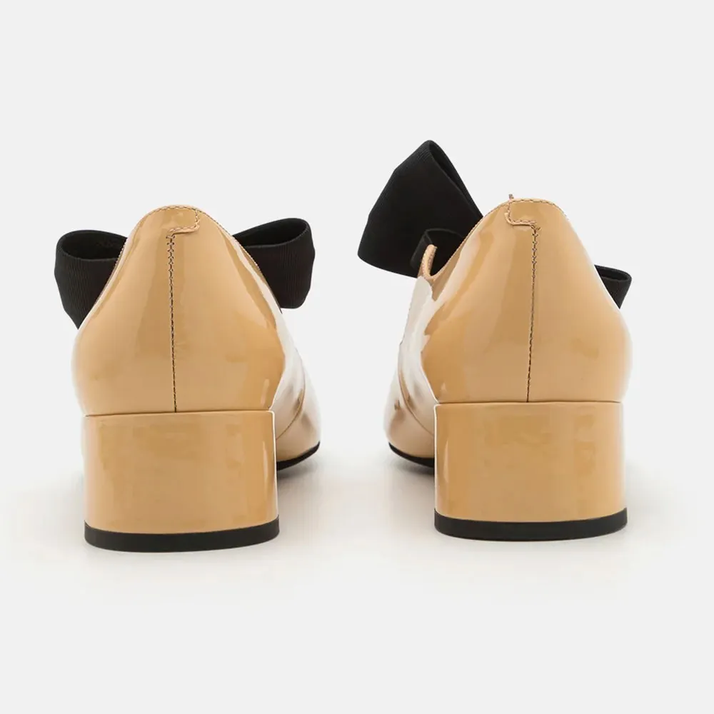 Women's Nude Patent Leather Round Toe Chunky Heel Pumps Shoes with Bow