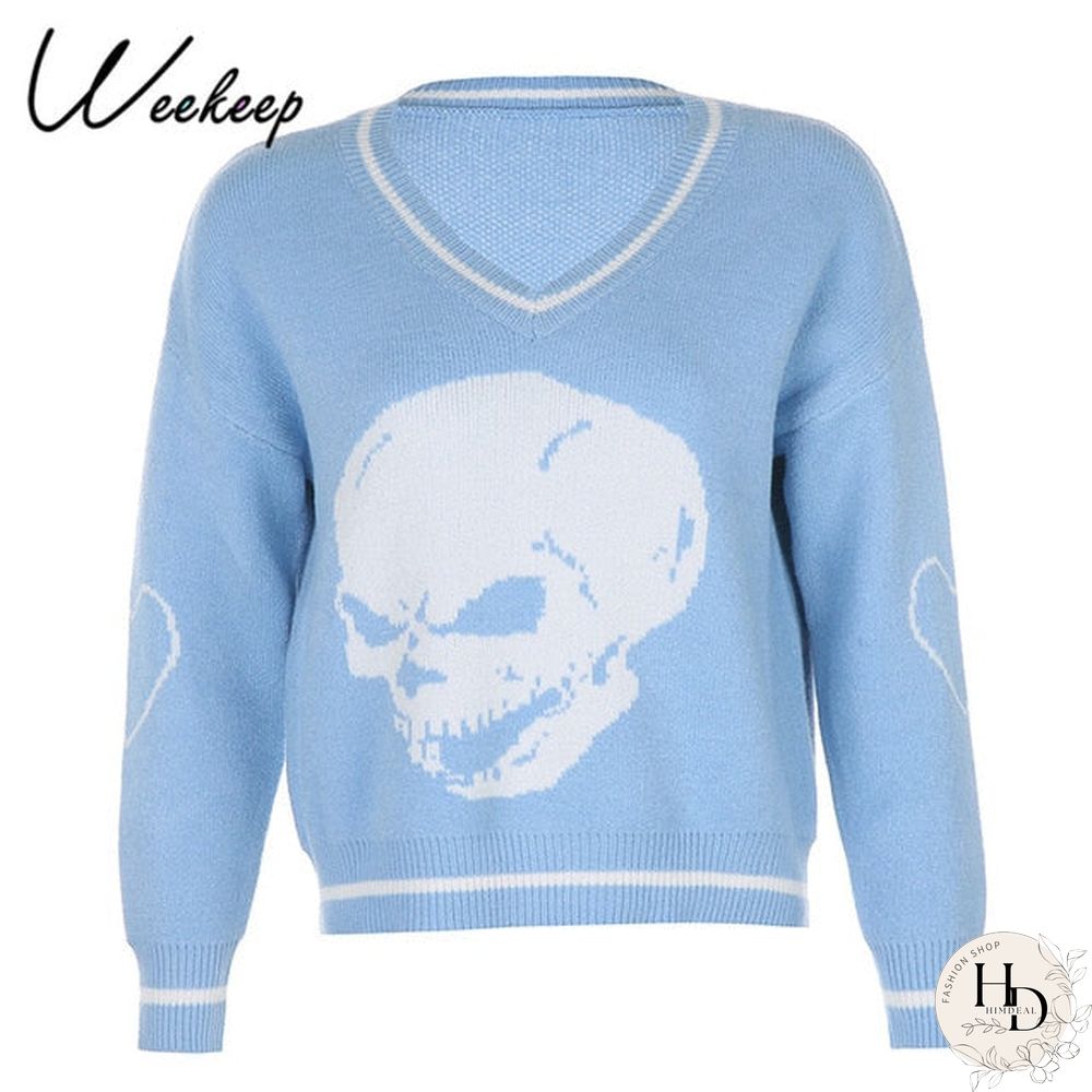 Weekeep Y2K Chic Print Streetwear Oversized Sweater Women's Casual Autumn Winter Knitted Jumper Fashion Loose Knitwear Pullovers