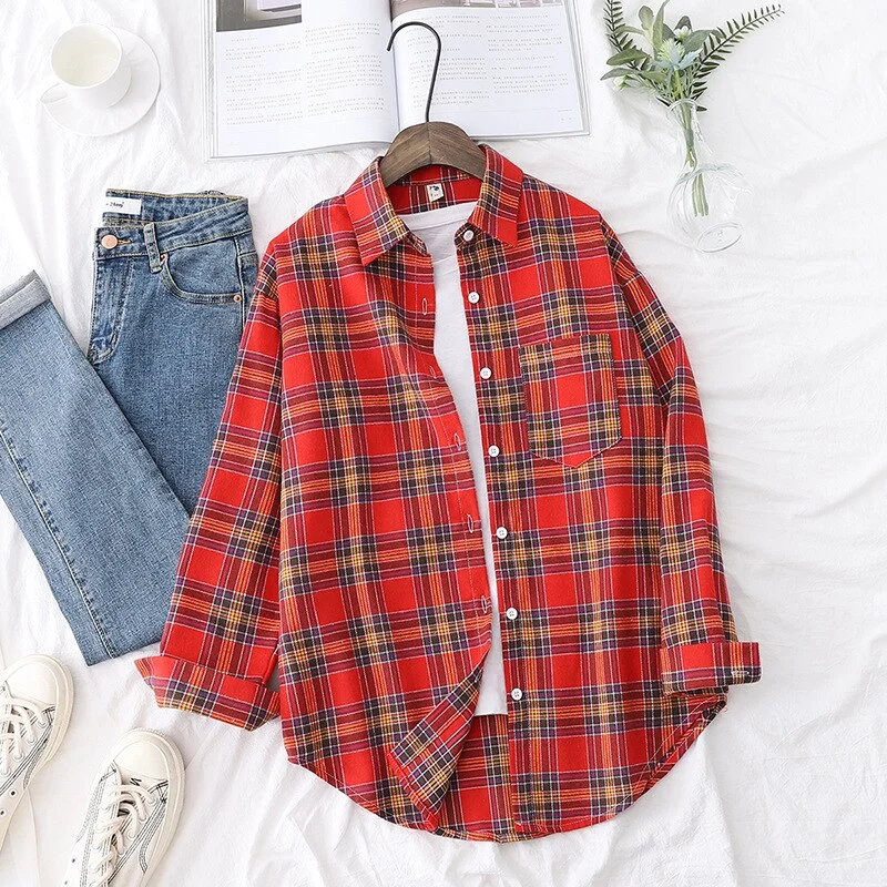 Brand Casual Women's Plaid Shirt 2021 Autumn New Boutique Ladies Loose Blouse and Tops Female Long Sleeve Blouses Clothes