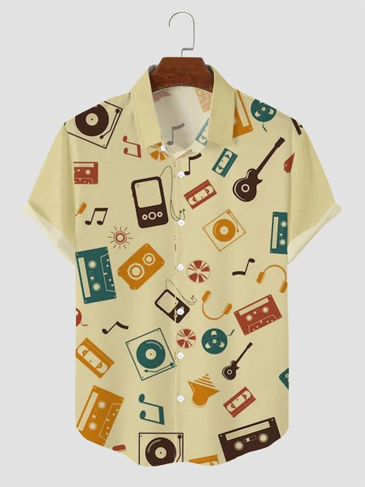 Casual Music Tape Print Men's Short Sleeve Shirt