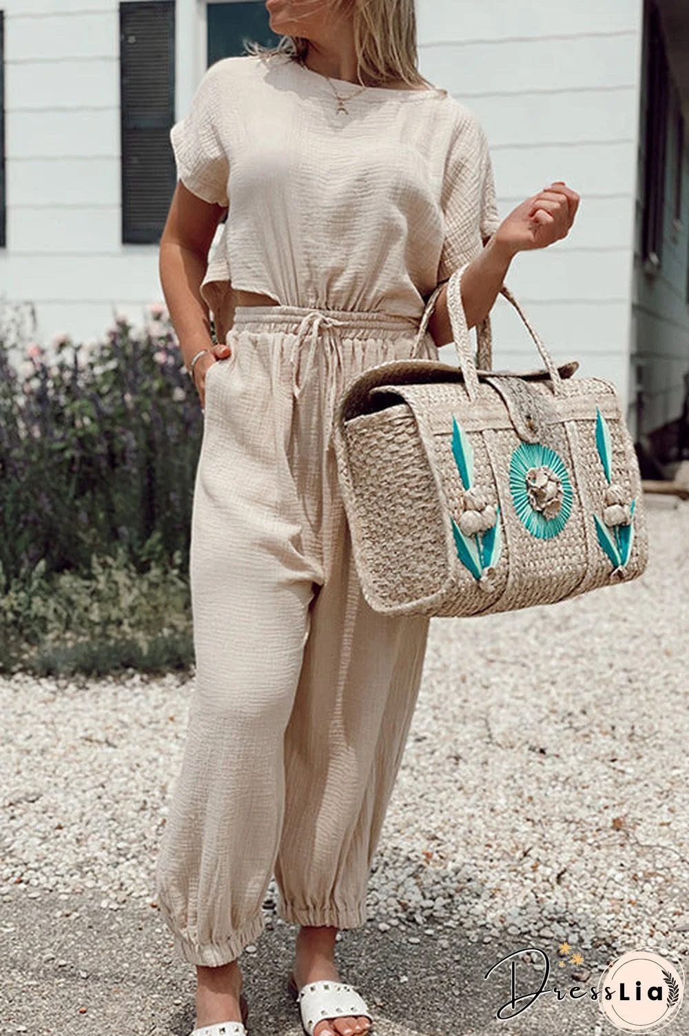 Slit Back Solid Drawstring Jumpsuit