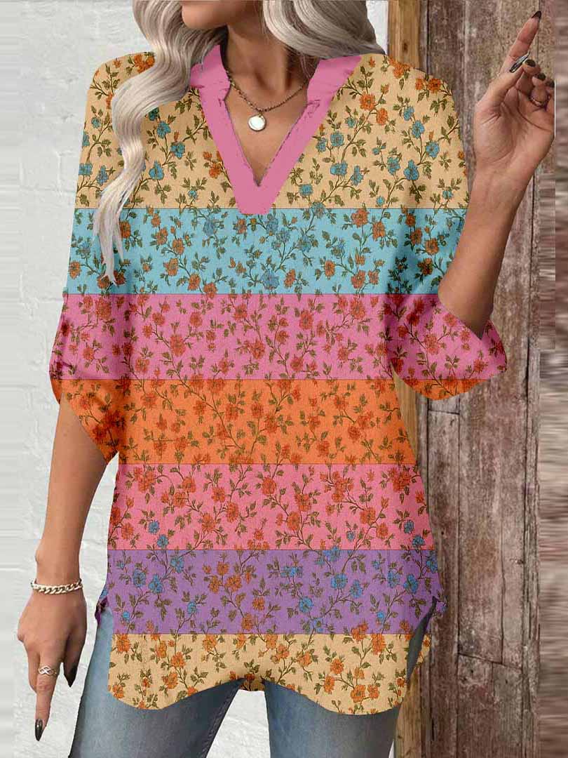 Women Floral, Pink, Khaki DZGA0349 3/4 Sleeve V-neck Printed Graphic Button Tops