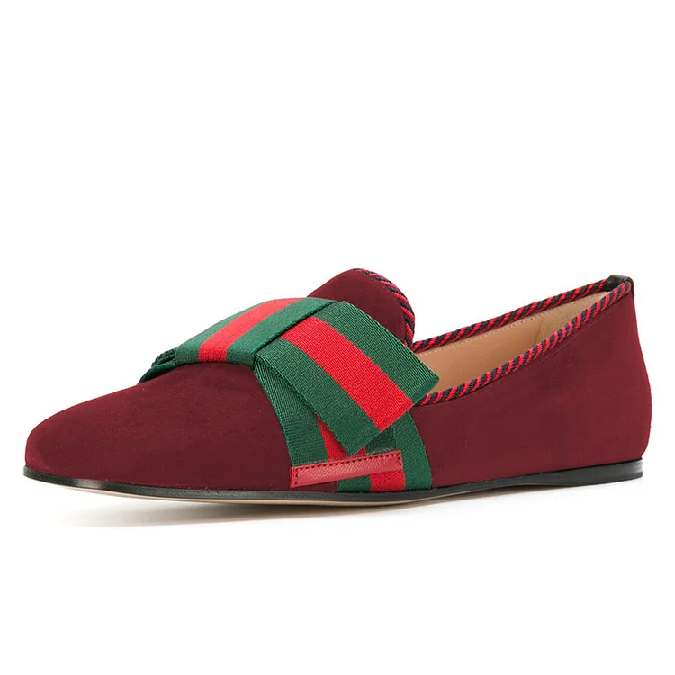 Burgundy Flat Loafers for Women with Green and Red Bow |FSJ Shoes