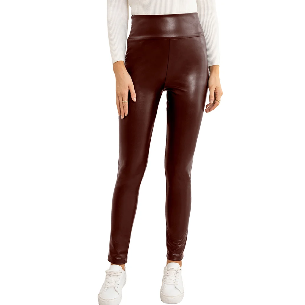 Wine Red PU High Waist Motorcycle Leather Pants