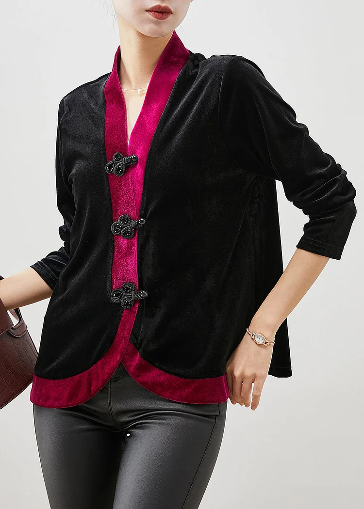Rose Patchwork Silk Velour Blouse Chinese Button Spring