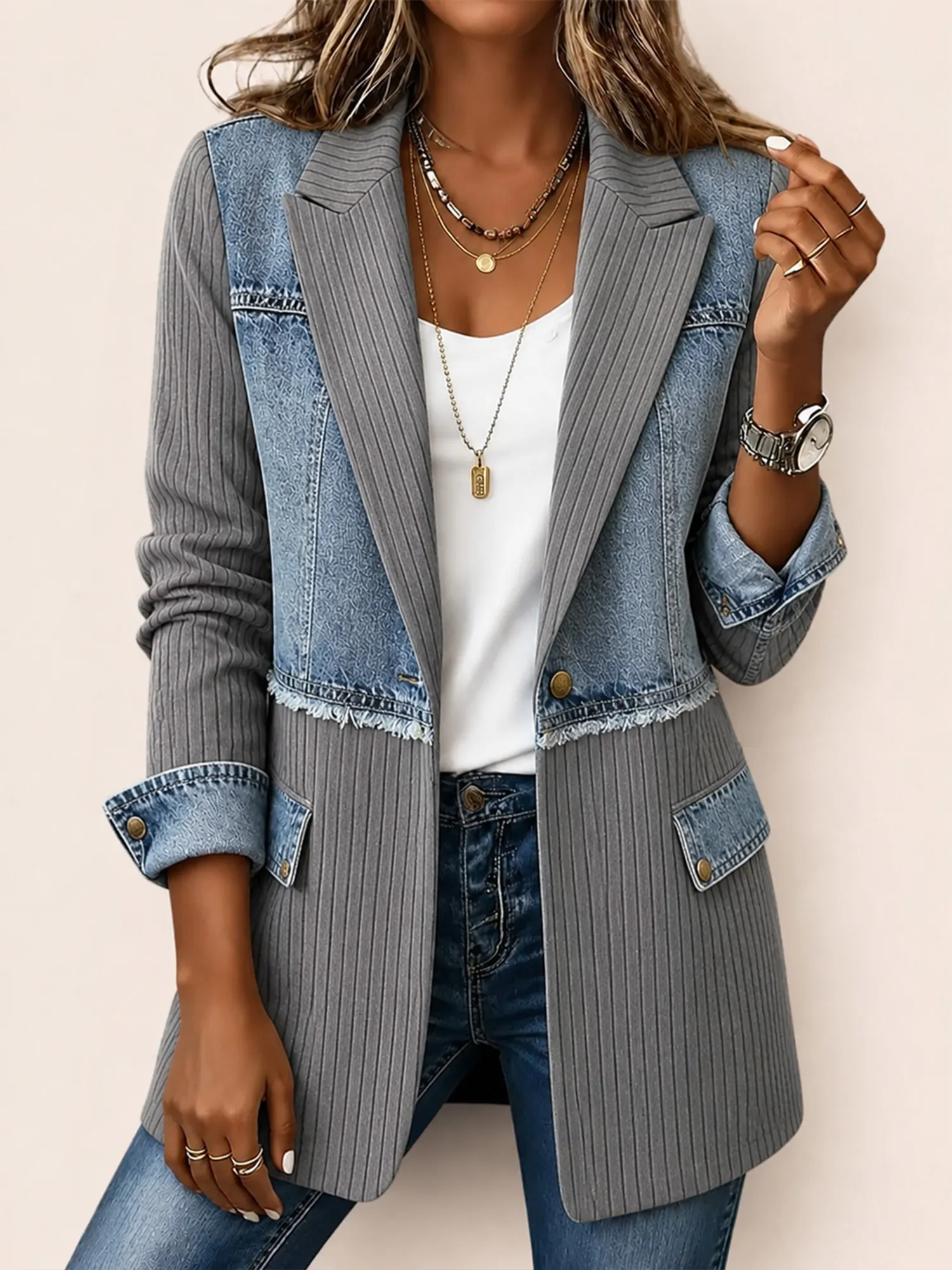 Perfect for a Daily Office Commute &mdash; Grey and Washed Blue Single-Button Denim Patchwork Ribbed Knit Women's Blazer