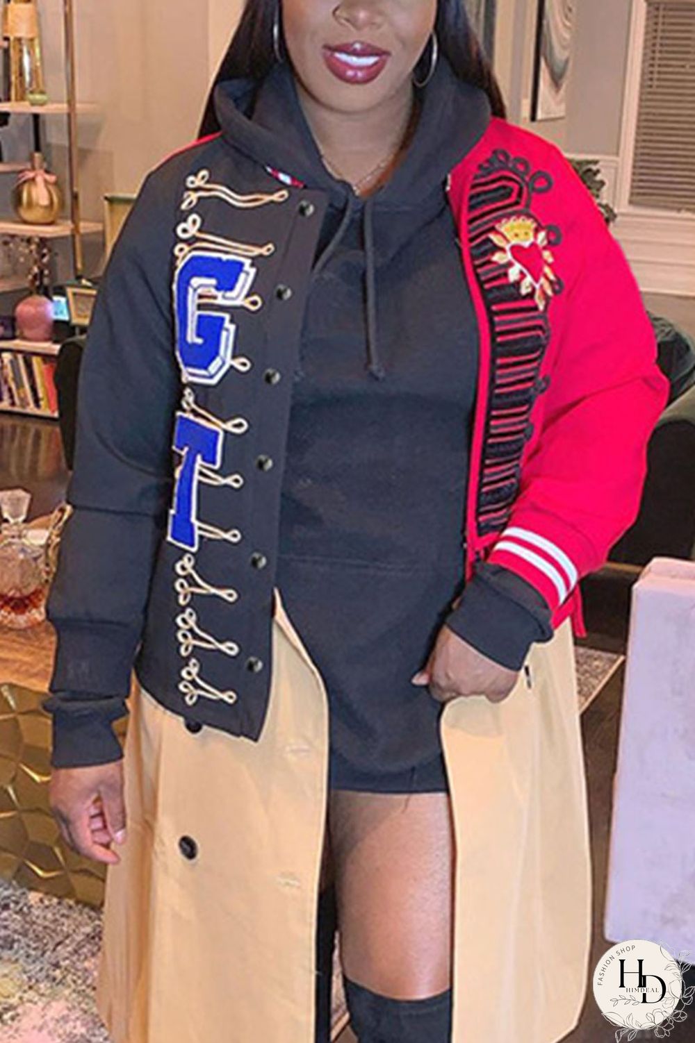 Black Street Letter Split Joint O Neck Outerwear