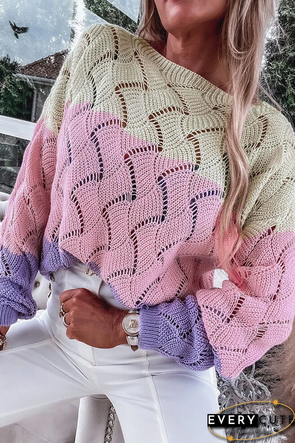Pink Color Block Hollow Knitted Loose Sweater
