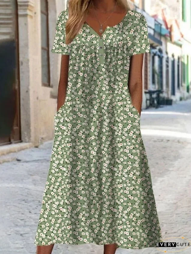 Casual Dress A Line Dress Floral Dress Floral Button Pocket V Neck Midi Dress Fashion Modern Daily Holiday Short Sleeve Regular Fit Light Pink Blue Purple Summer Spring S M L XL XXL for Women
