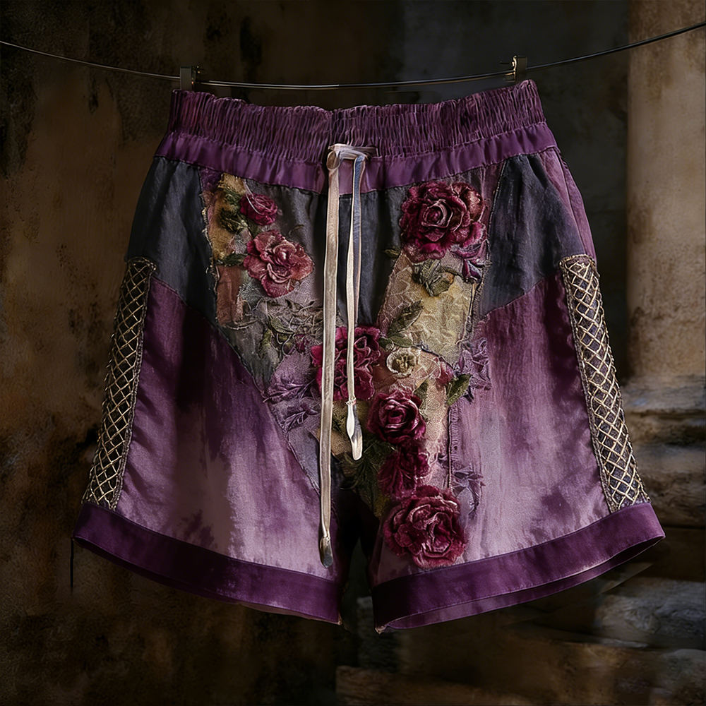 Vintage Faded Rose Woven Embroidered Purple Patchwork Cotton Linen Casual Shorts elevenforest