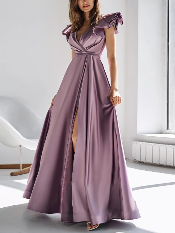 V-neck Solid Color Maxi Dress