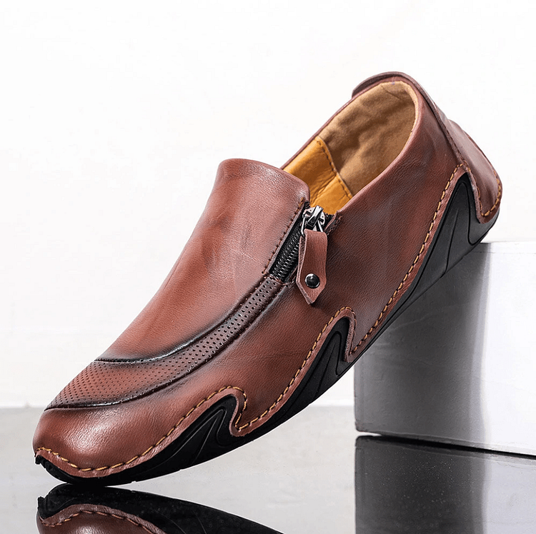 Mens Non Slip Comfy Soft Sole Casual Zipper Leather Loafers