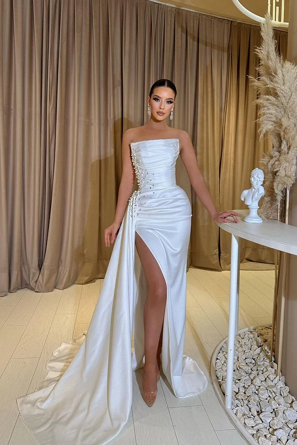 Daisda Stunning White Strapless Sleeveless Long Split Prom Dress with Beadings