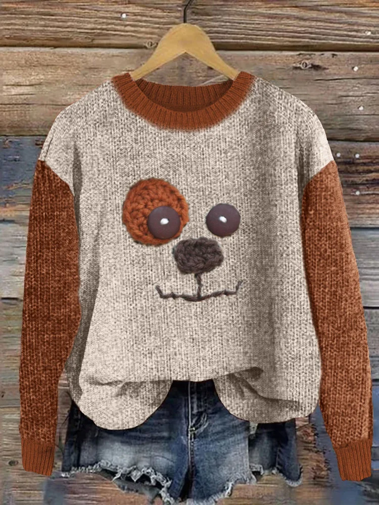 VChics Lovely Dog Crochet Contrast Color Cozy Knit Sweater