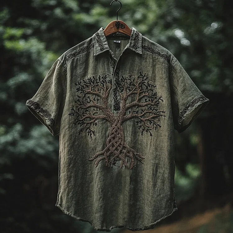 Men's Viking Tree Of Life Embroidery Pattern Lapel Shirt