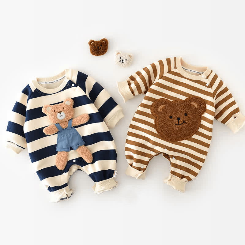 Baby 3D Cartoon Bear Patched Design Corduroy Fabric Button Front Romper