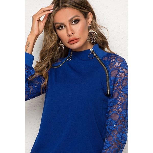 Spring and Autumn Zippered Lace Blouses Long Sleeve Casual T Shirts Top for Women - Shop Trendy Women's Clothing | LoverChic