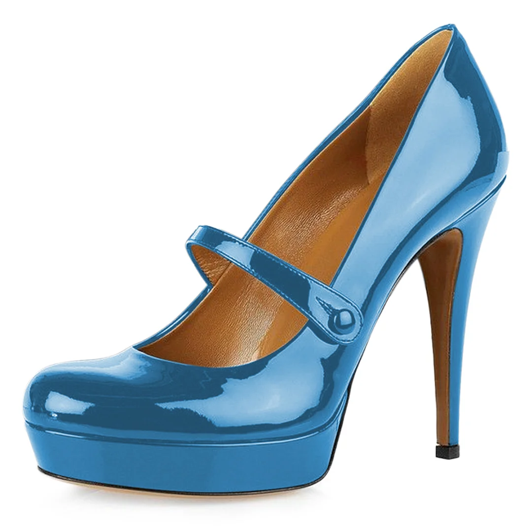 Patent Leather Buckle Strap Platform Mary Jane High Heels in Blue