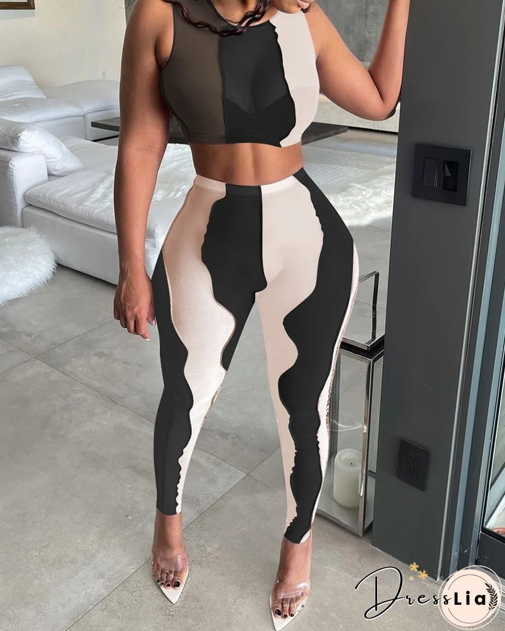 Colorblock Sheer Mesh Crop Top & Pants Set