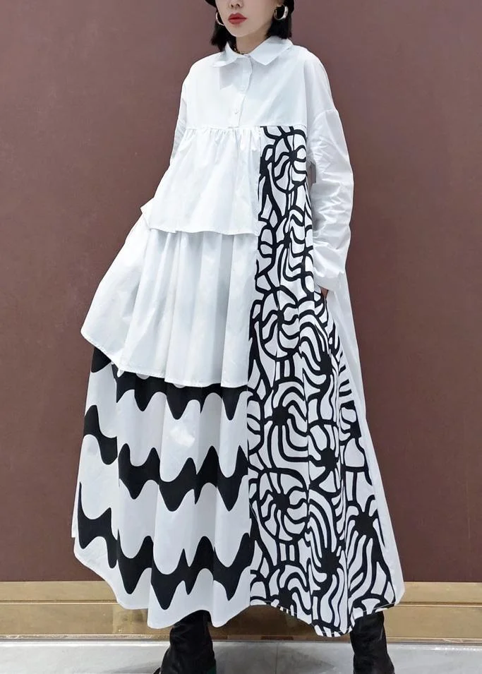 Handmade White Print Quilting Clothes Lapel Asymmetric Loose Spring Dresses