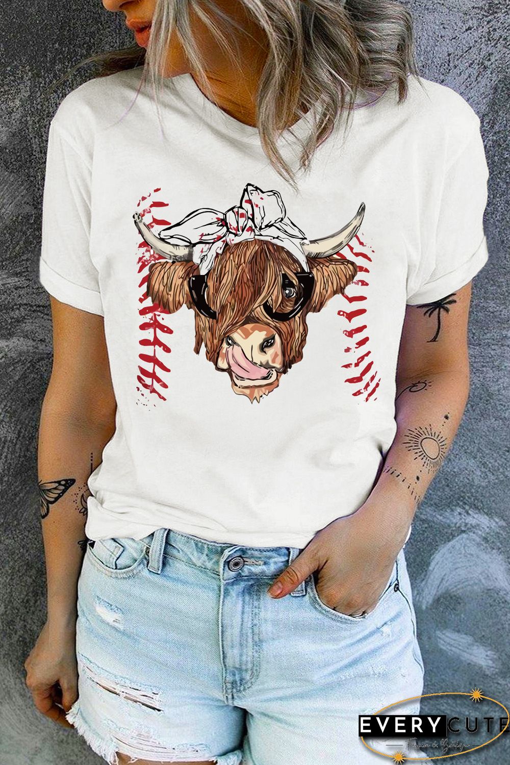 White Western Cow Head Baseball Print Graphic T Shirt