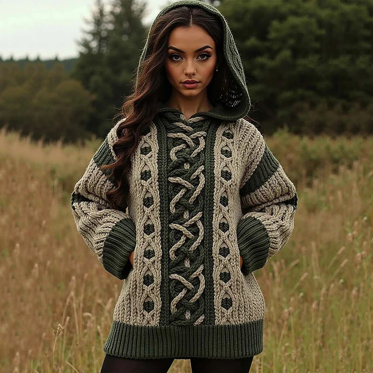 Women's Contrast Weave Jacquard Pocket Hooded Sweater