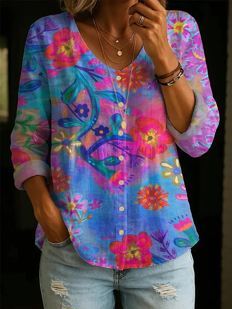 Women's Floral Pattern Art Print Casual Cotton Shirt
