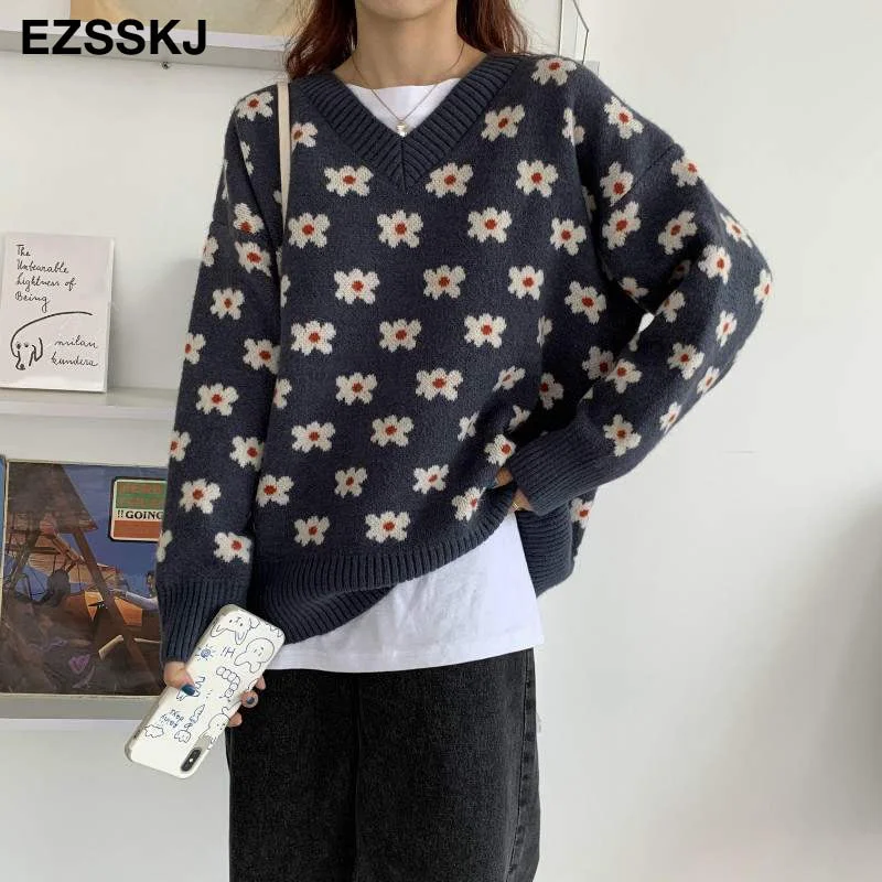 oversize blue floral Sweater Pullovers Women winter autumn thick v-neck chic 2021 sweater long sleeve sweater top
