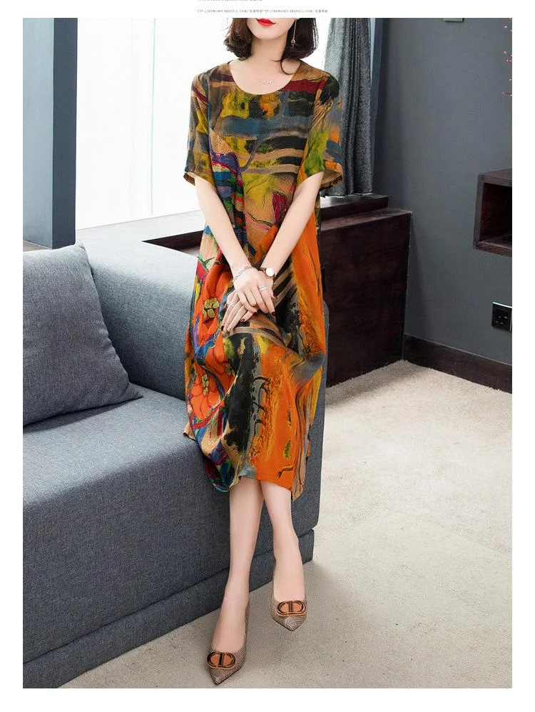Color imitation silk mid-length dress