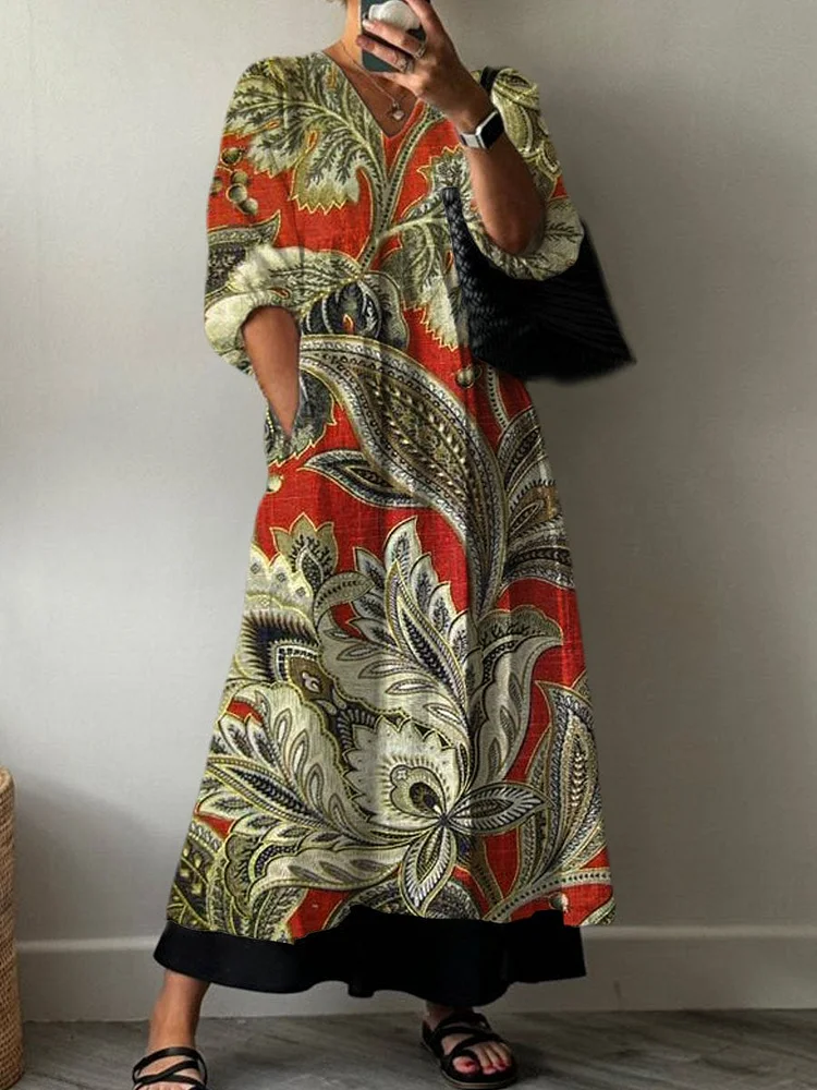 Women's Boho Vintage Floral Print Pocket V-neck Cotton Dress