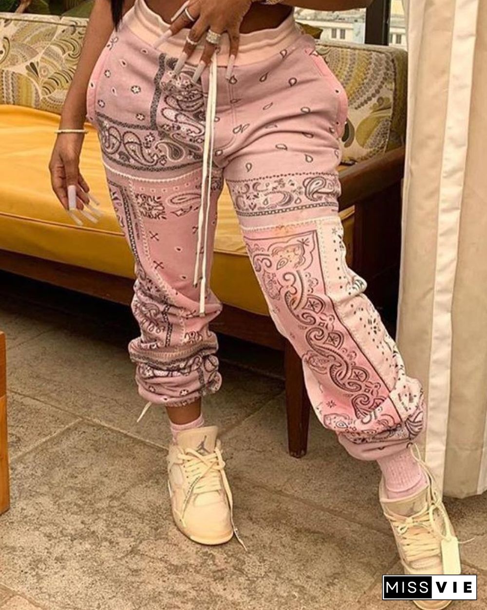 Paisley Print Drawstring Ruched Pants P13843