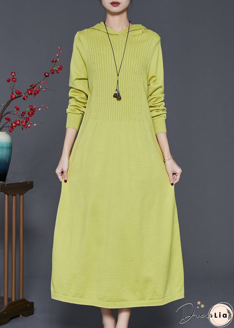 Grass Green Silm Fit Knit Dresses Hooded Spring
