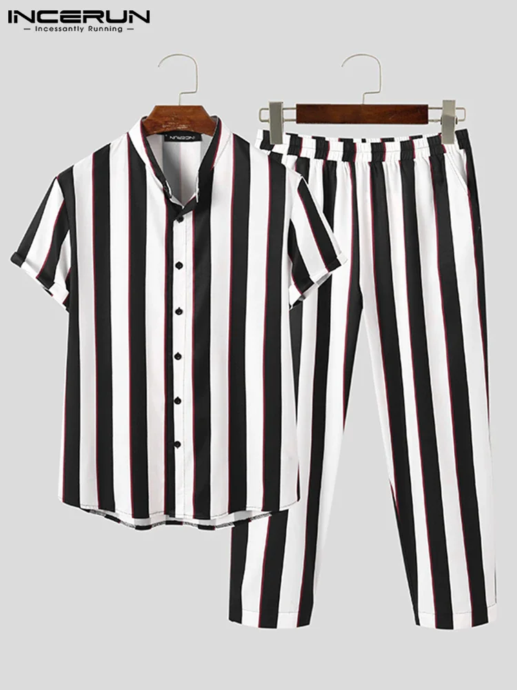 Ueong INCERUN Fashion Men Striped Sets Streetwear Lapel Short Sleeve Shirt & Long Pants Two Pieces Sets 2022 Men Casual Suits S-5XL 7