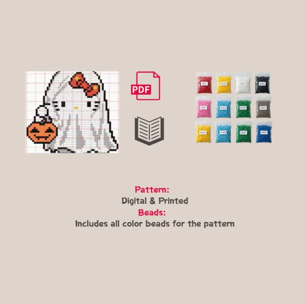 Ghost Kitty Pixel Pattern Fuse Bead Kit  | Cute DIY Fuse 1729 Beads Set