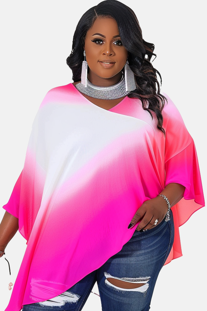 Xpluswear Design Plus Size Daily Hot Pink Gradient Wrap Neck Batwing Sleeve 3/4 Sleeve Asymmetric Hem Tops [Pre-Order]