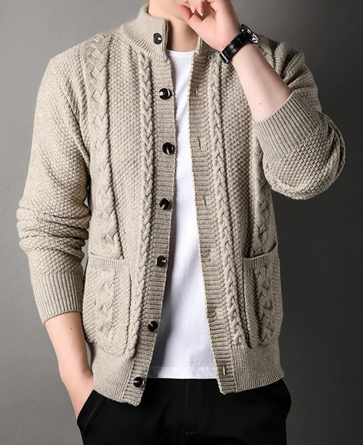 Okaywear Stand Collar Utility Pocket Cable Knit Cardigan Sweater 45.79