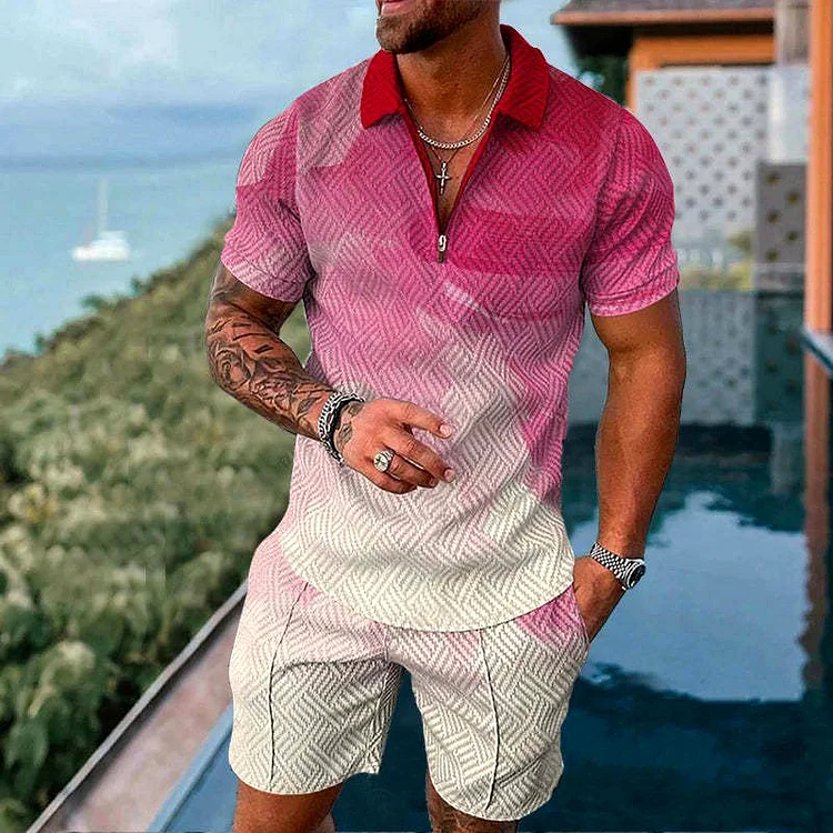 BrosWear Pink Gradient Polo Shirt And Shorts Co-Ord