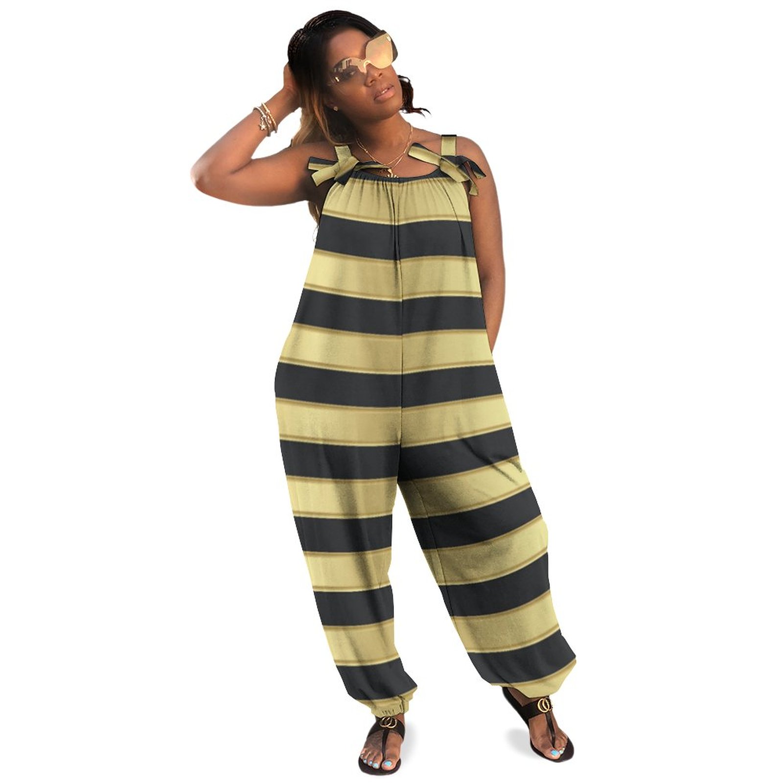 Adorable Girly Cute Gold Black Striped Boho Vintage Loose Overall Corset Jumpsuit Without Top