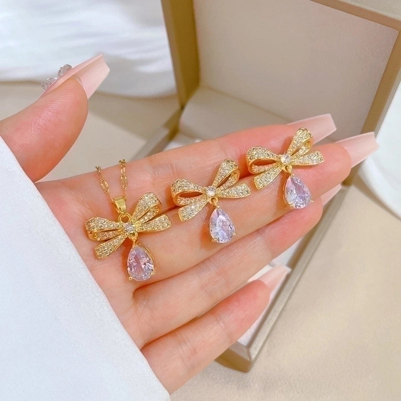 Copper Minimalist Plating Inlay Rhombus Bow Knot Zircon Jewelry Set
