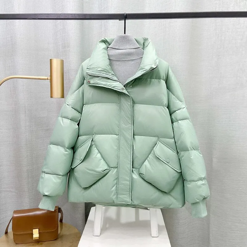 Ailegogo Autumn Winter Women 90% White Duck Down Short Jacket Casual Female Stand Collar Pocket Down Coat Warm Snow Outwear