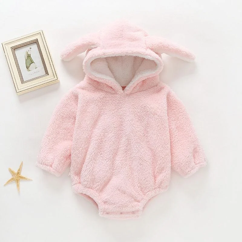 Winter Baby Girl Bodysuits 0-2Yrs Baby Plush Ears Baby Newborn Clothes Hooded Bodysuit Climbing Clothes Plush Thickened
