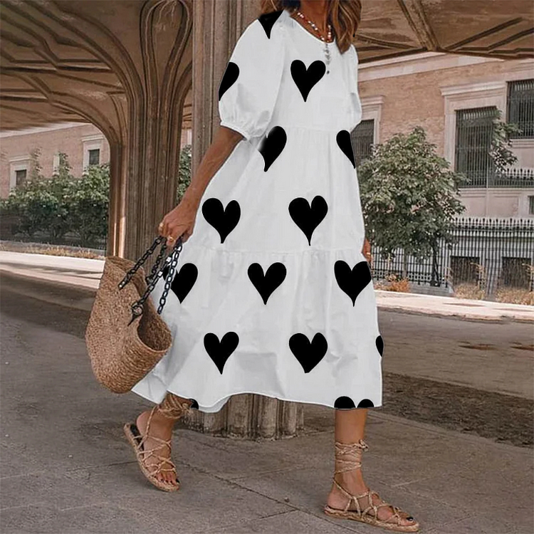 Heart Print Loose Type Casual Short Sleeve Dress socialshop