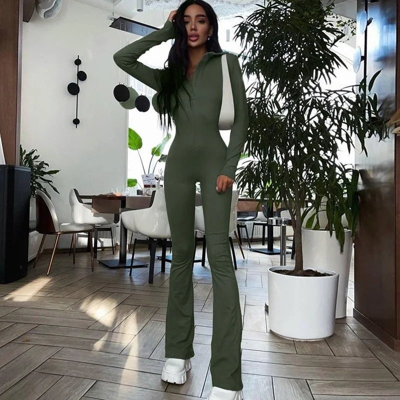 Hugcitar Pure Color Polo Neck High Waist Flare Leggings Jumpsuit 2021 Autumn Women Stretch Sexy Streetwear Casual