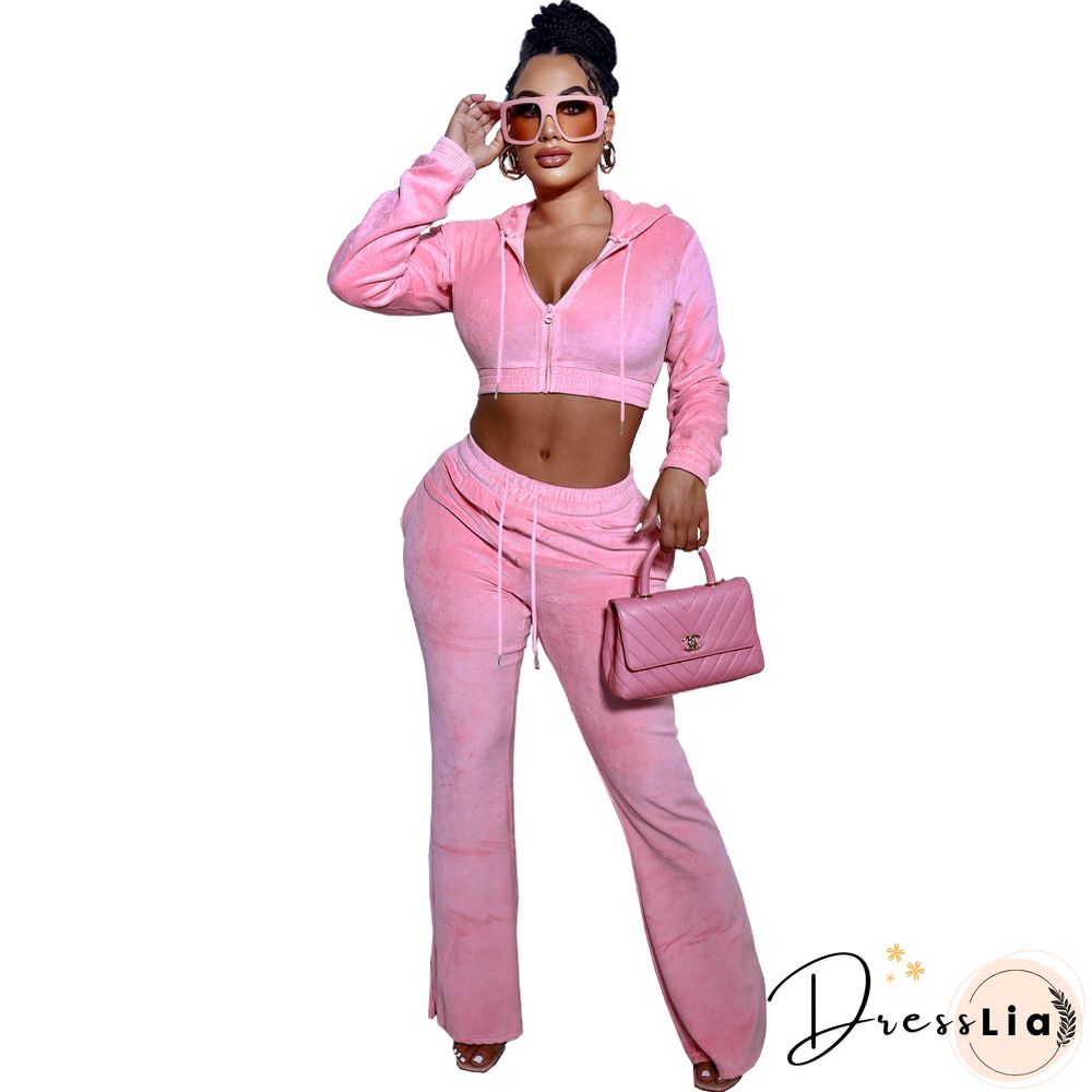 Zipper Hooded Jacket Flare Pants Velvet Two Piece Set