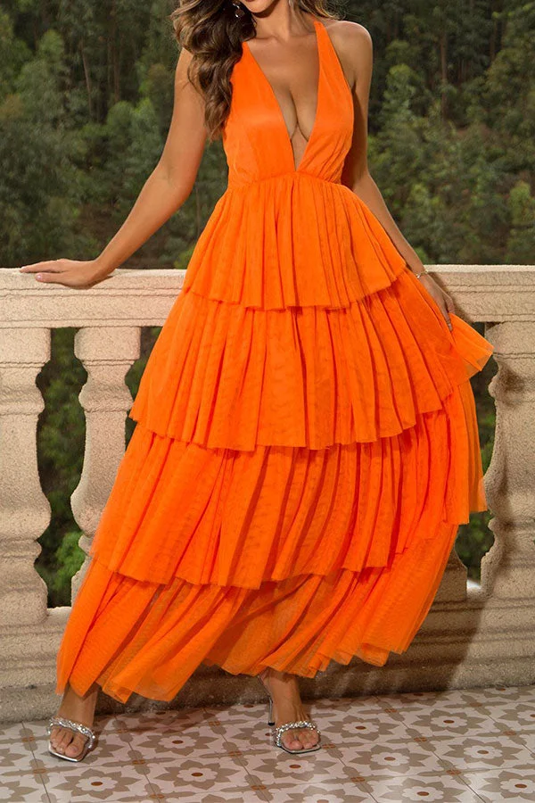 Solid Color Strappy Back Romantic Tiered Maxi Dress