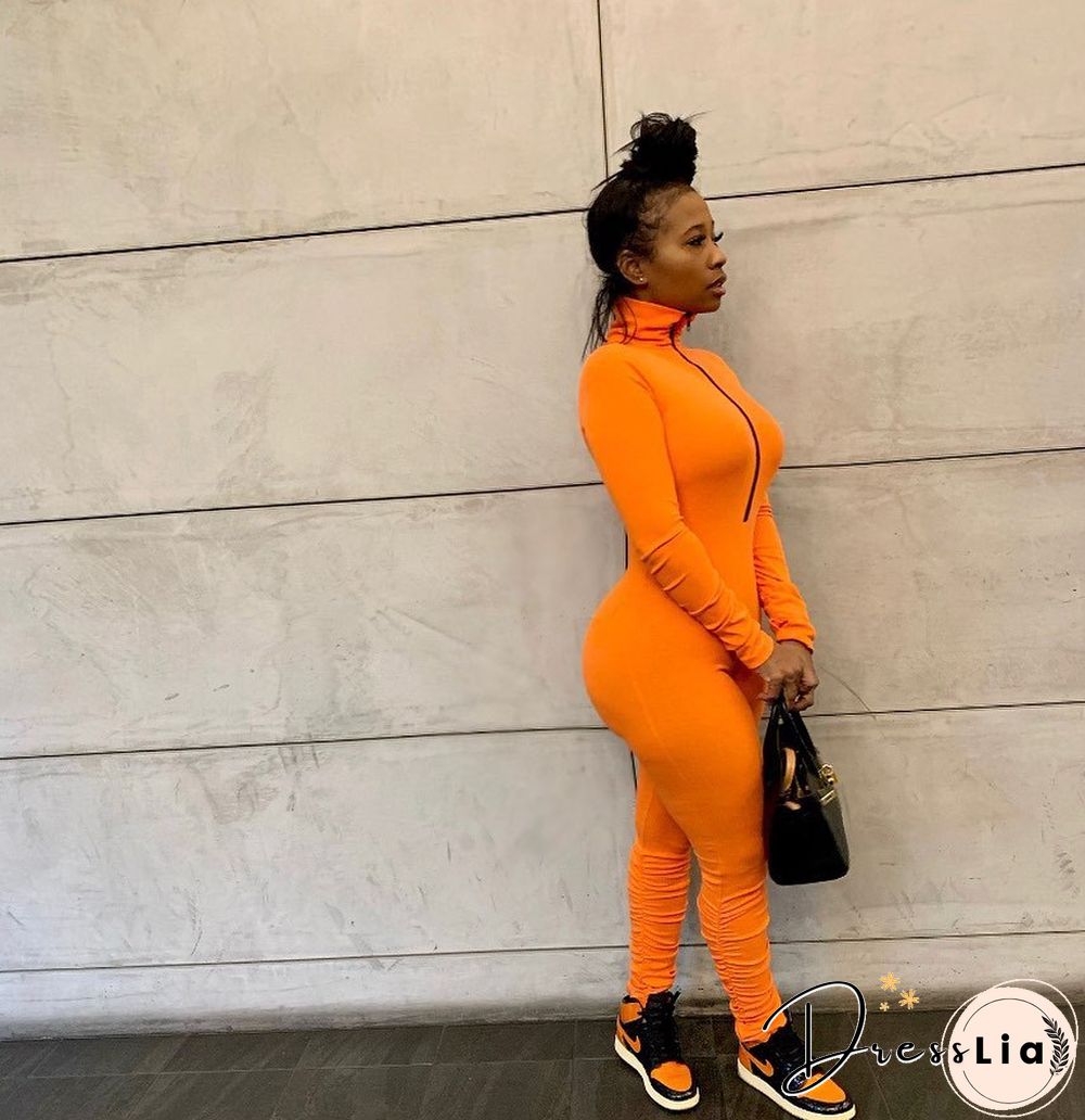 Zipper Half High Collar Pleated Bodycon Jumpsuit