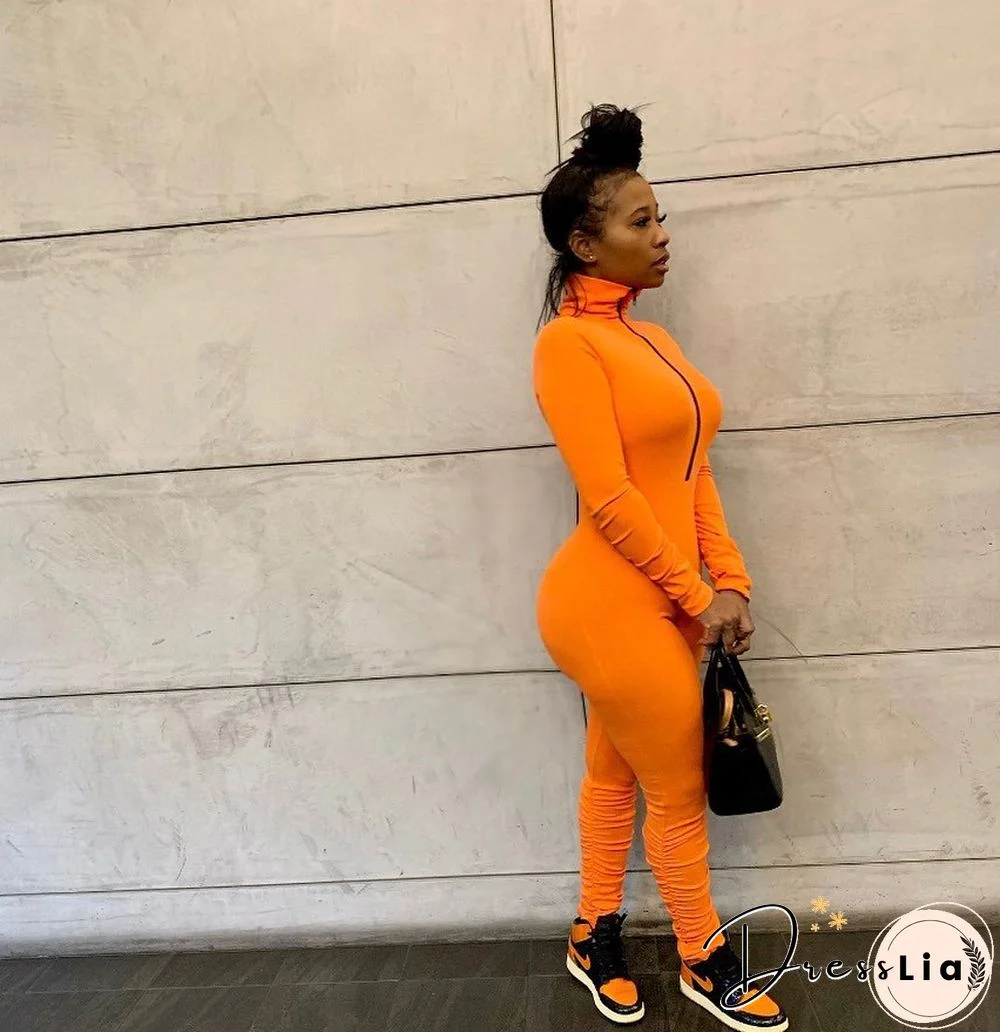 Zipper Half High Collar Pleated Bodycon Jumpsuit